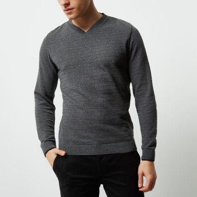 Grey textured knit V neck slim fit jumper
